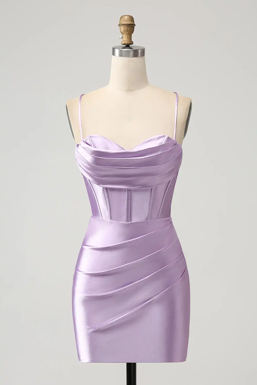 Bodycon Spaghetti Straps Lilac Corset Satin Short Homecoming Dress Ruched V-Neck Prom Dresses for Teens Backless Cocktail Dress