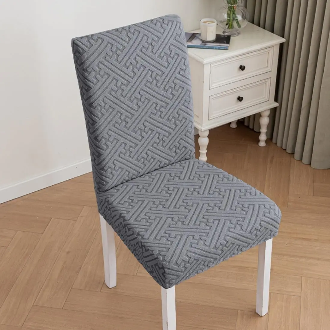 Set van 1 eetkamerstoelhoezen, 3D jacquard stoffen stoelhoezen voor eetkamer, krasbestendige stoelhoezen, rekbare, wasbare eetkamerstoelhoezen voor keuken, hotel