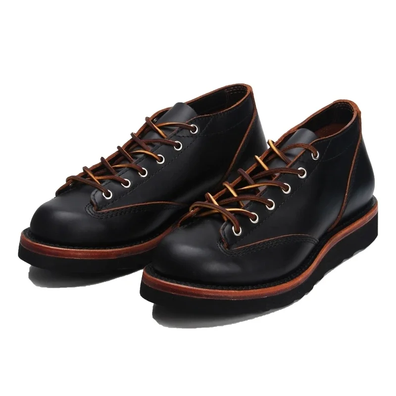 Vintage Handmade Goodyear-ściągane męskie buty oprzyrządowanie okrągłe Toe botki brytyjskie czarne platformy buty motocyklowe z prawdziwej skóry — zdjęcie 2