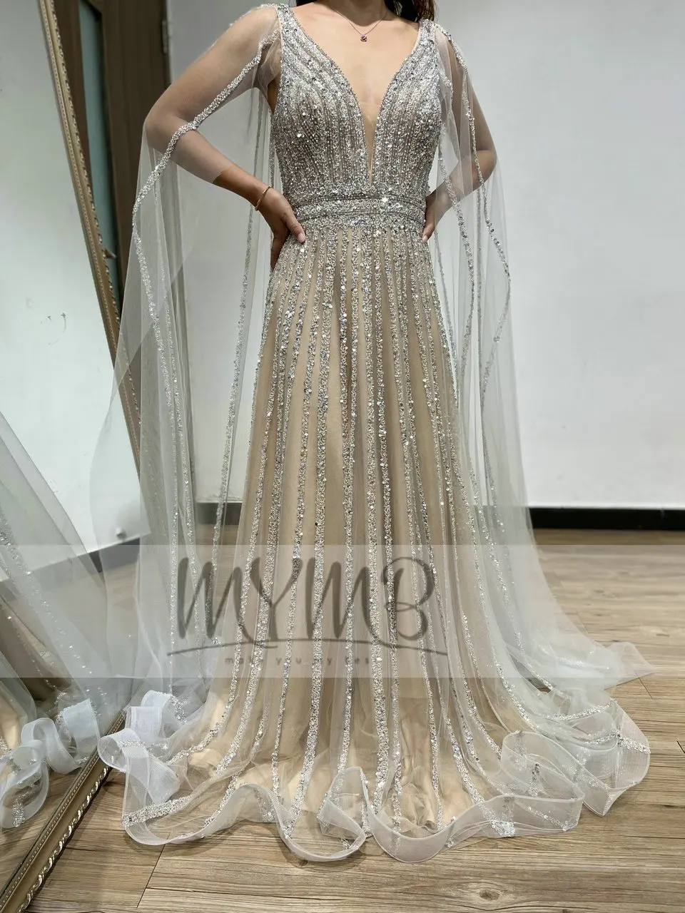 

MYMB A Line Evening Gown With Long Sleeve Luxury Handmade Haute Couture Women Wedding Party Wholesae Dress Big Size MY41156