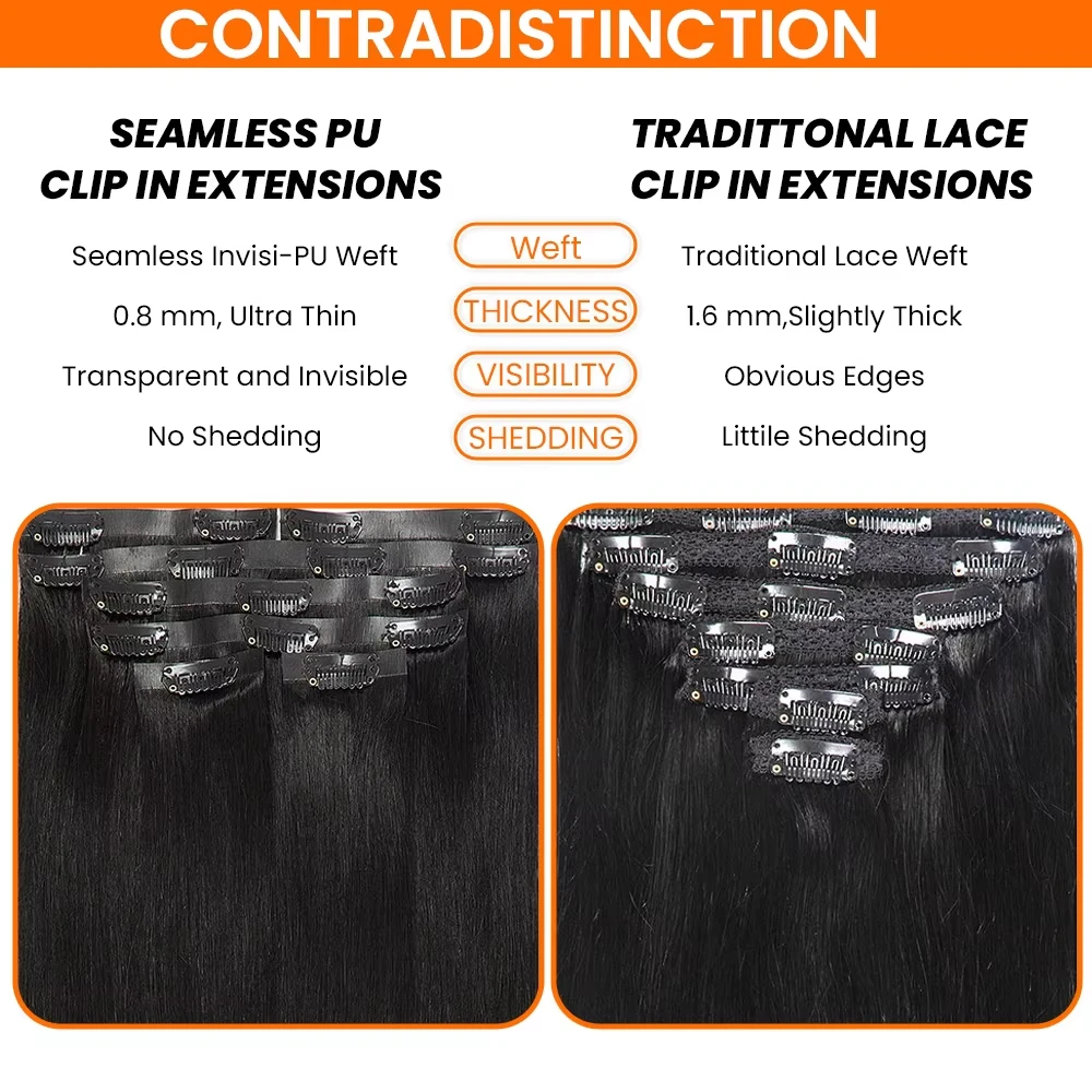 Clip dritta in PU nell'estensione dei capelli Colore nero naturale Clip di Remy brasiliana Ins Estensioni dei capelli umani al 100% 120G 9 pezzi Capelli veri