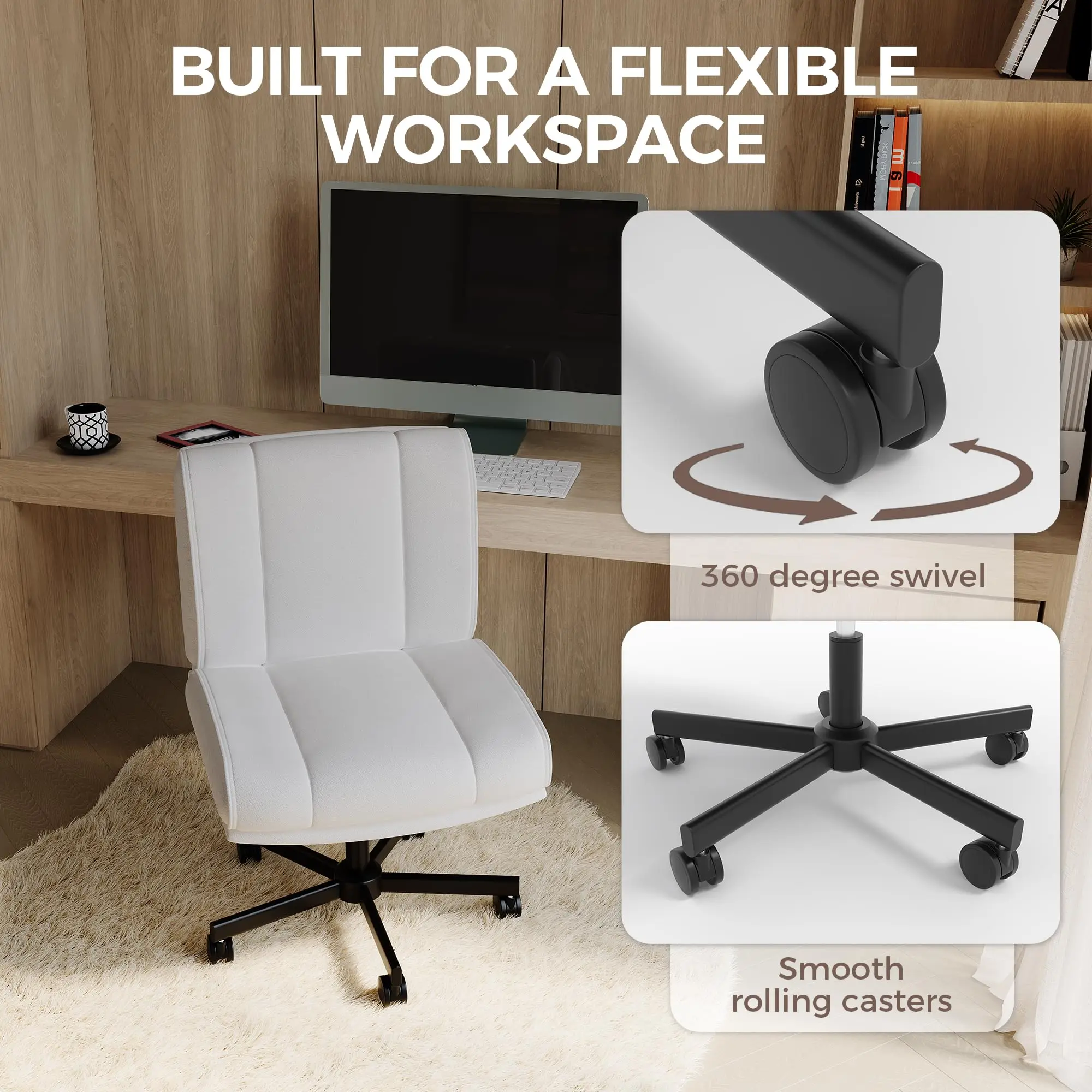 Ergonomischer Bürostuhl ohne Armlehnen mit Kreuzgitter-Design und Rollen, weißer, extra breiter, gepolsterter Sitz, weiche Kunstlederbezug, höhenverstellbarer Drehstuhl für den Schreibtisch, aus