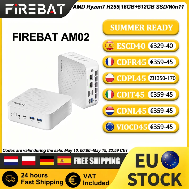 Mini PC FIREBAT AM02 AMD Ryzen7 H255 16GB DDR5 RAM M.2 PCIe 512GB SSD y SIN RAM SIN SSD Dos Versiones WiFi6 BT5.2 1000M LAN Tipo-C Windows11 4A1C Dual RJ45 3*4K Pantalla Compacta Computadora para Juegos