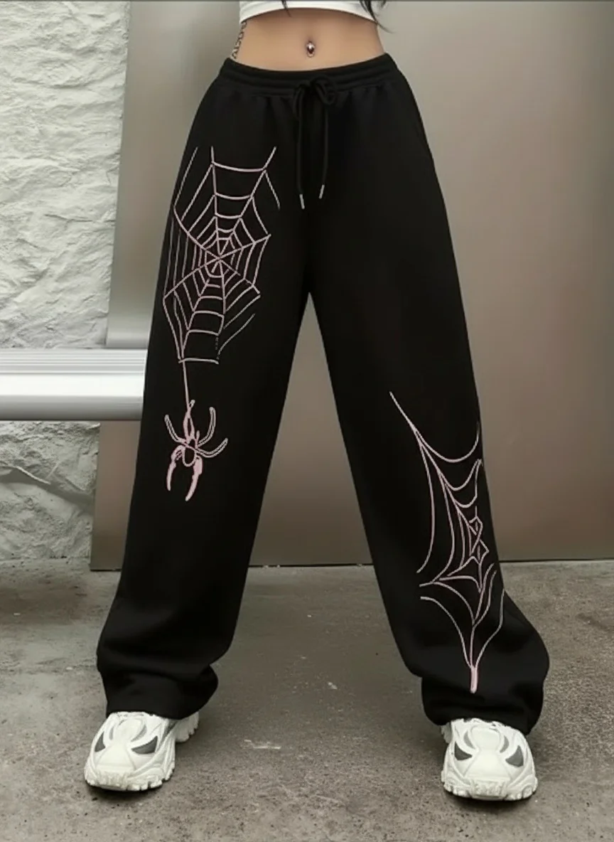 سراويل هاي ستريت الأمريكية، مجموعة شتوية سوداء جديدة للرجال العصريات بتصميم مطبوع، هي بنطال فضفاض واسع الساق