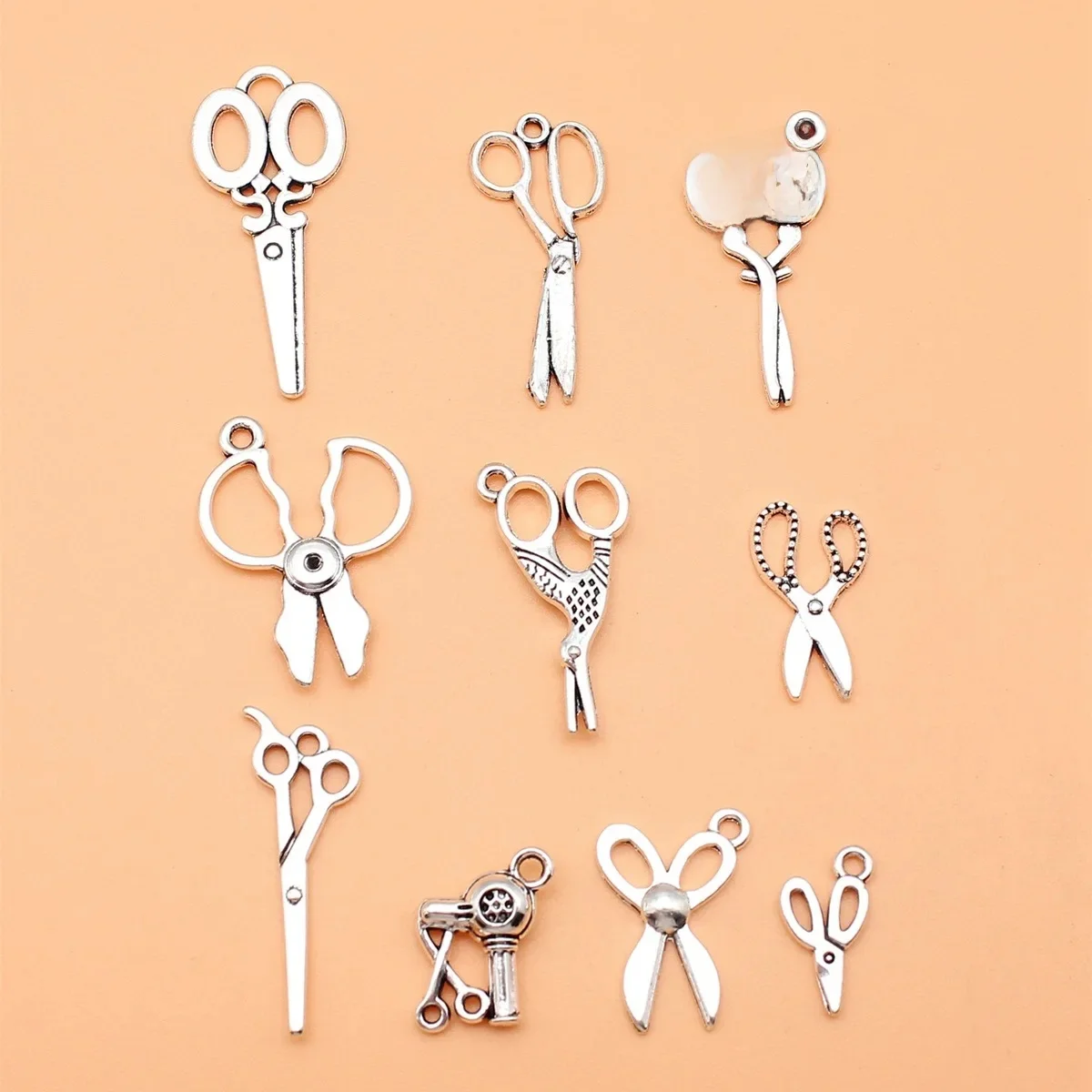 10 sztuk antycznych srebrnych nożyczek Charms Collection do samodzielnego tworzenia biżuterii, 10 stylów, 1 każdy — zdjęcie 2