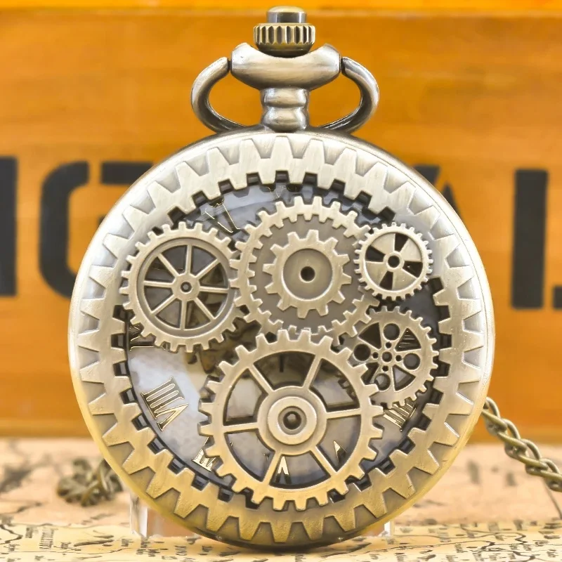 Vintage Bronze Steampunk cuivre découpe engrenage Quartz montre de poche collier pendentif horloge chaîne hommes femmes chaîne cadeau