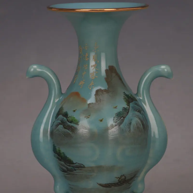 Antique Style Blue Glazed Double Phoenix Ear Vase Ru Ware Porcelain Home Decor Collectible