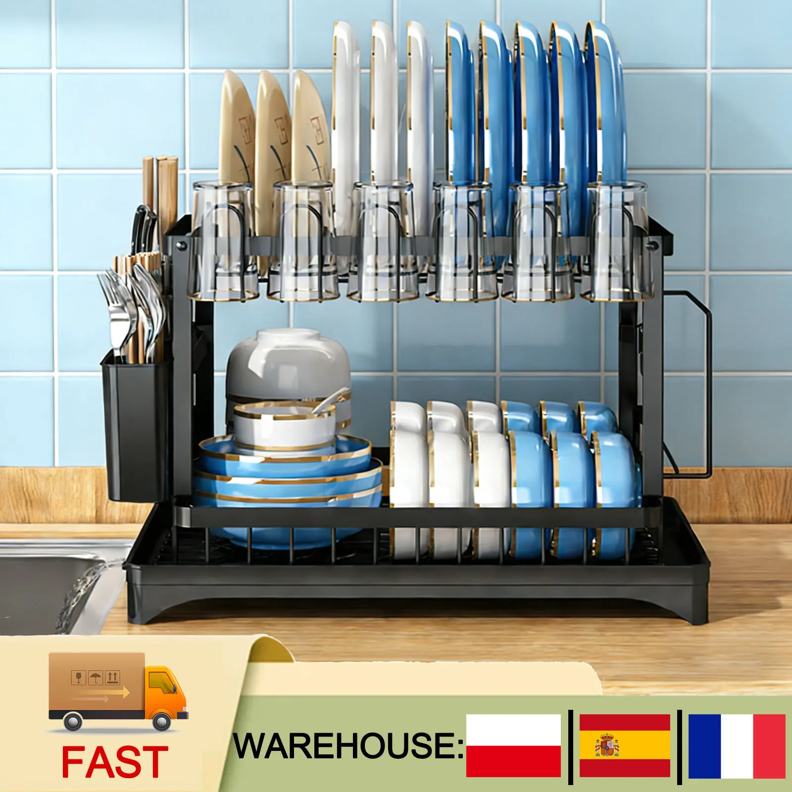 Égouttoir à vaisselle double couche avec égouttoir automatique, organisateur de comptoir de cuisine multifonctionnel pour planches à découper, assiettes
