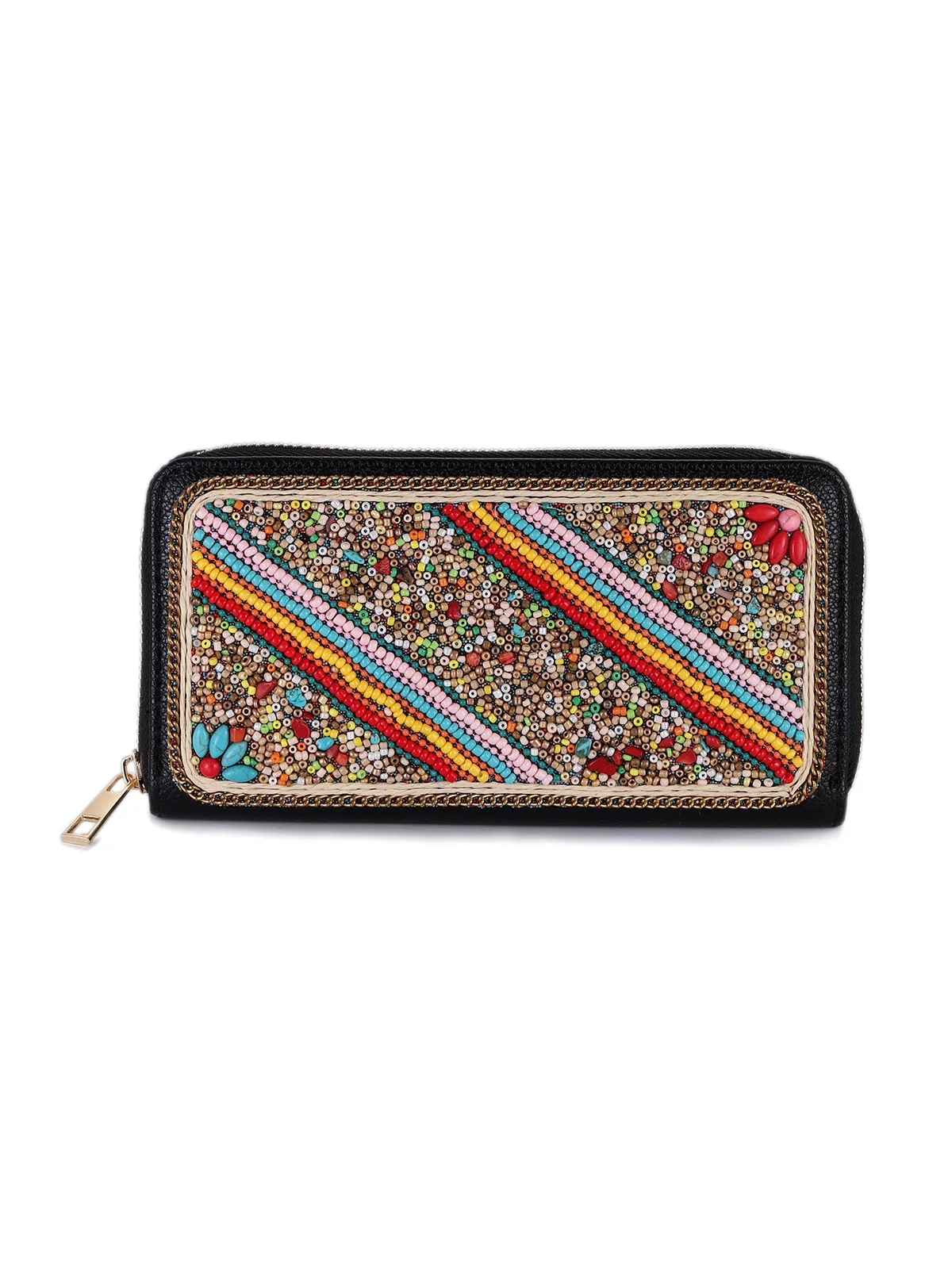 Boho Beaded Zip Around Wallet for Women Colorful Embroidered Long Clutch Purse Ethnic Style Card Holder Coin Phone Organizer Bag