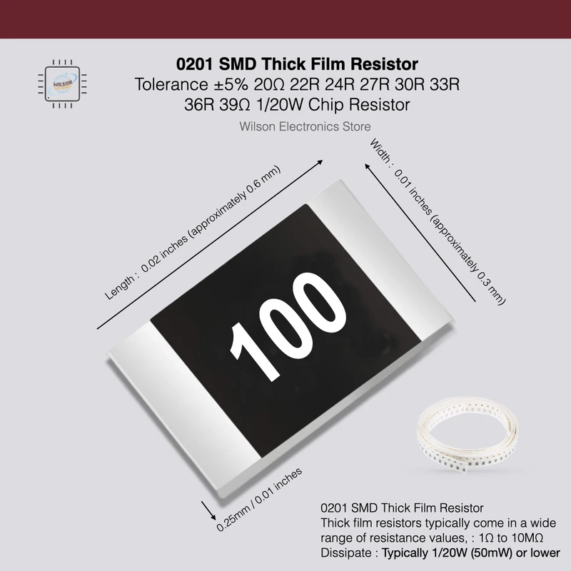 

100 PCS/LOT 0201 SMD Chip Fixed Resistor with Tolerance ±5% 20Ω 22R 24R 27R 30R 33R 36R 39Ω 1/20W Film Resistor