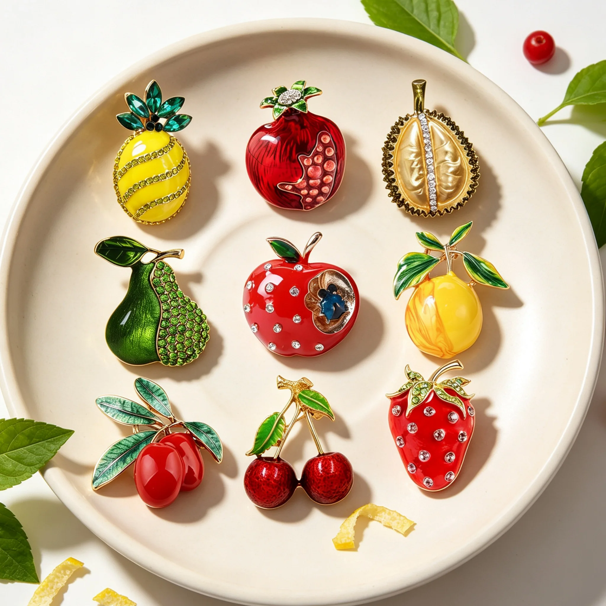 Essh&Pule Cute Fruit Brooch Rhinestone Enamel Pear Apple Strawberry Cherry Lapel Pin Women Daily Suit Coat Party Jewelry Gift