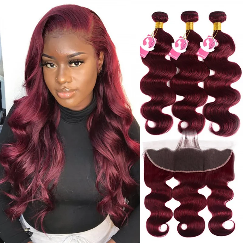 

99J/Burgundy Body Wave Human Hair Bundles With Frontal 13x4 Frontal Closure Brazilian Hair Weave Bundles With Frontal Remy Hair