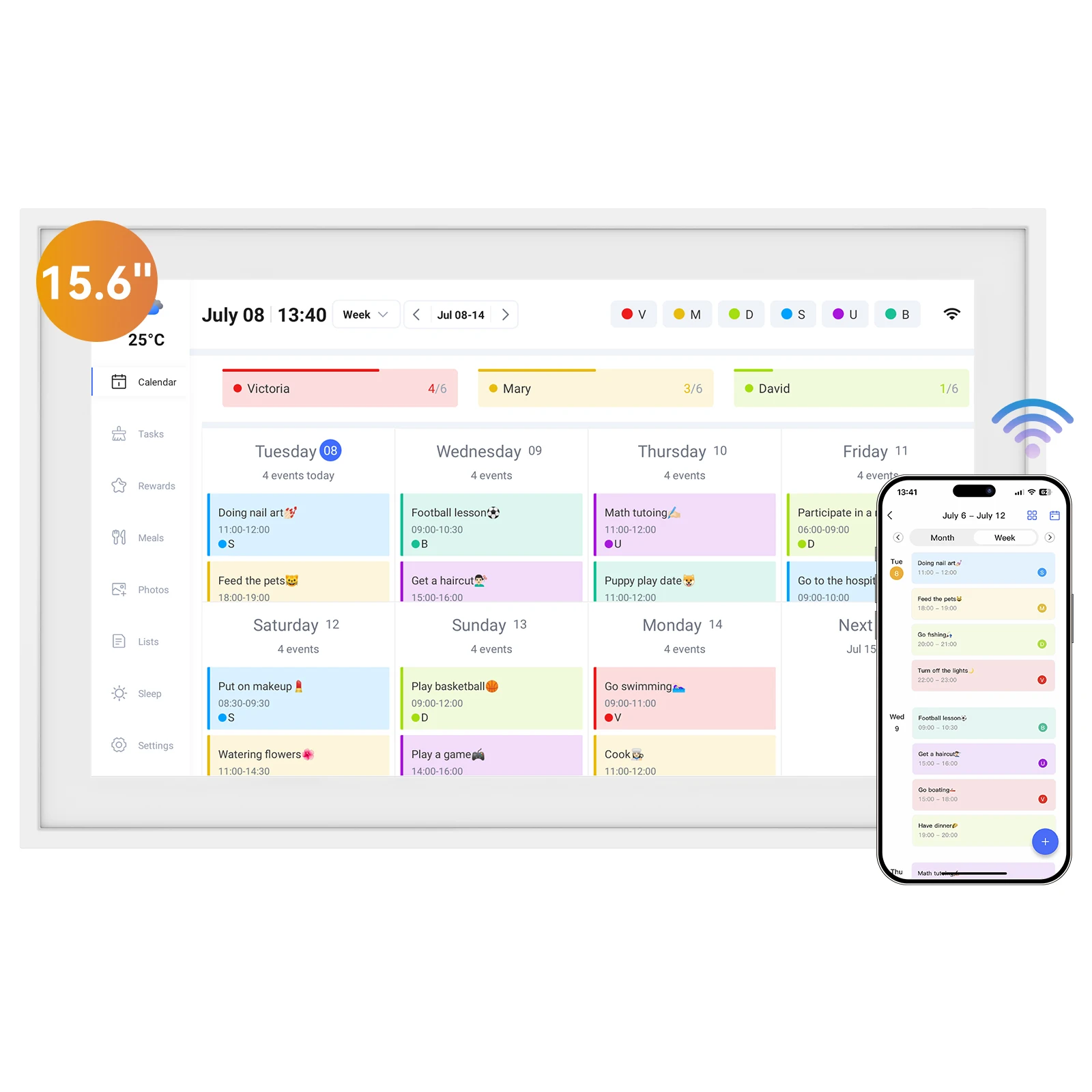 Kingrid P15 15,6 Zoll WLAN Smart Digitaler Kalender, Mahlzeiten- &Aufgabenplanung, Belohnungen für Kinder, Wi-Fi, Google/iCloud-Synchronisierung, 32GB Wand-Touchscreen Smart Elektronischer Kalender mit App-Steuerung – Detail 1