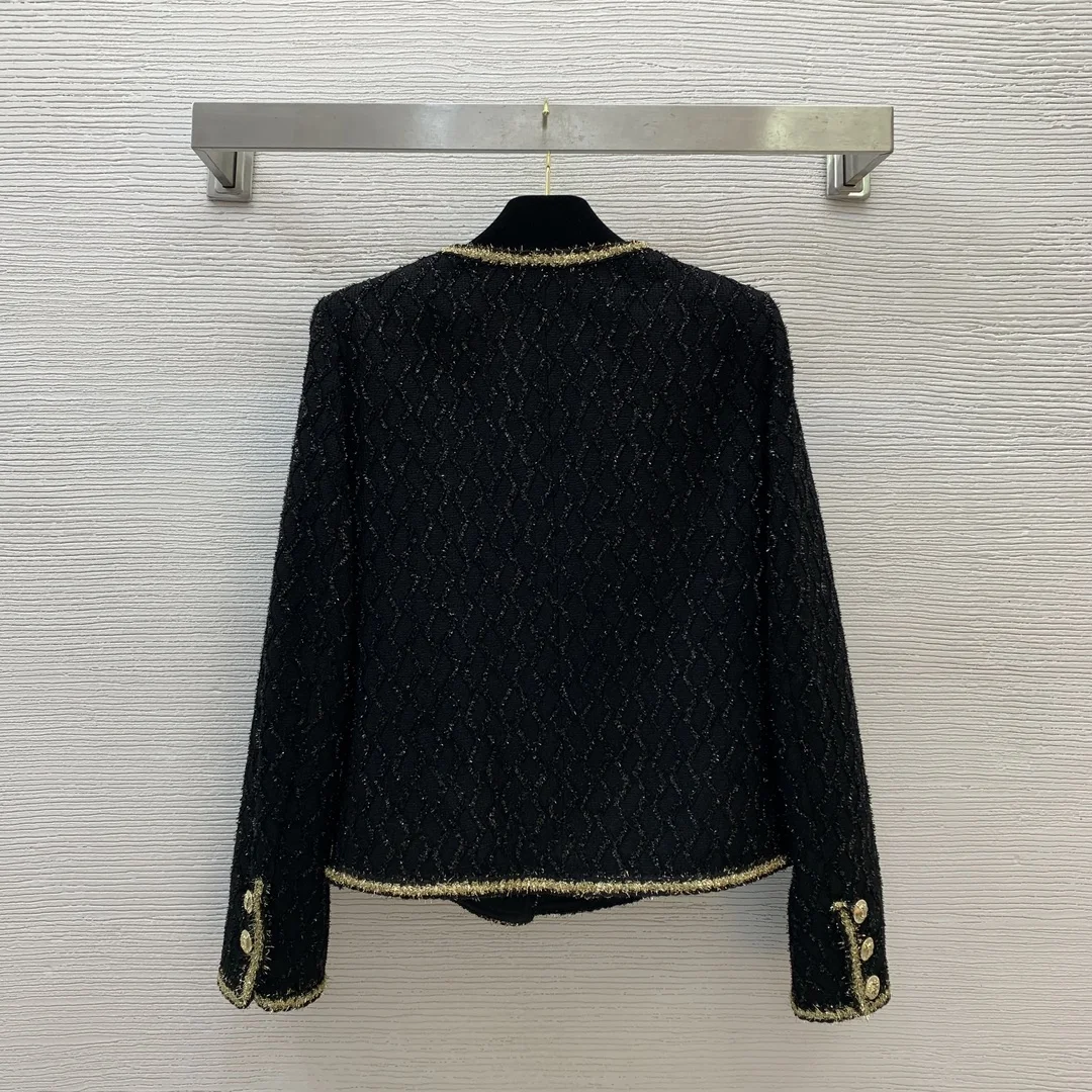

New black wool short jacket ladylike temperament French tweed jacket