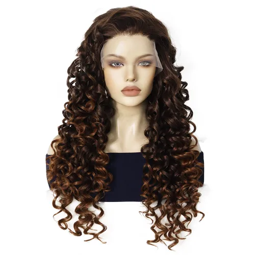 Peluca sintética de encaje 13*2, pelo rizado marrón, peluca con malla frontal de parte libre de 24 pulgadas de longitud para mujeres sexys de moda