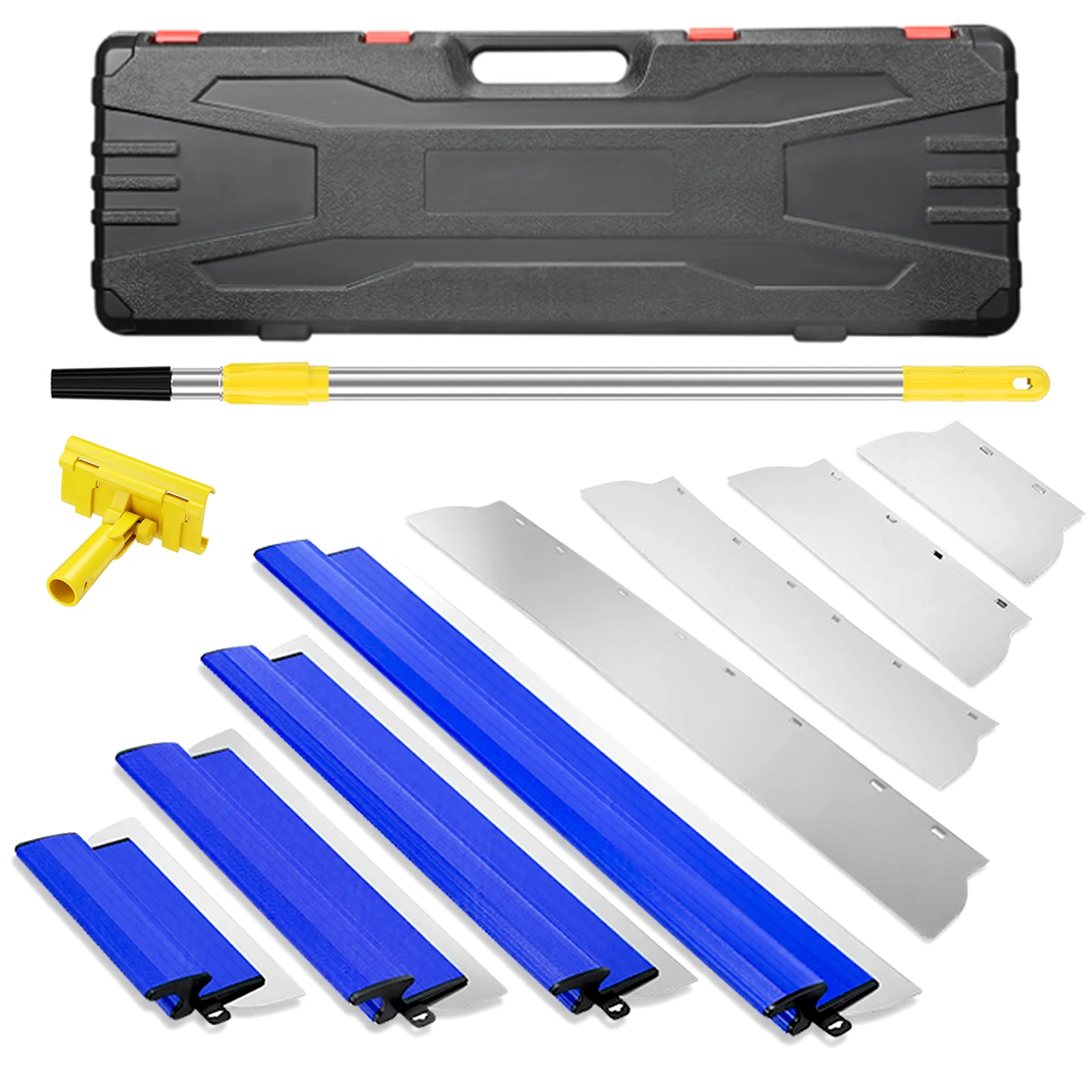 Lot de 4/5 lames à lisser pour plâtre et enduit mural, 25/40/60/80 cm, avec perche d'extension et boîte