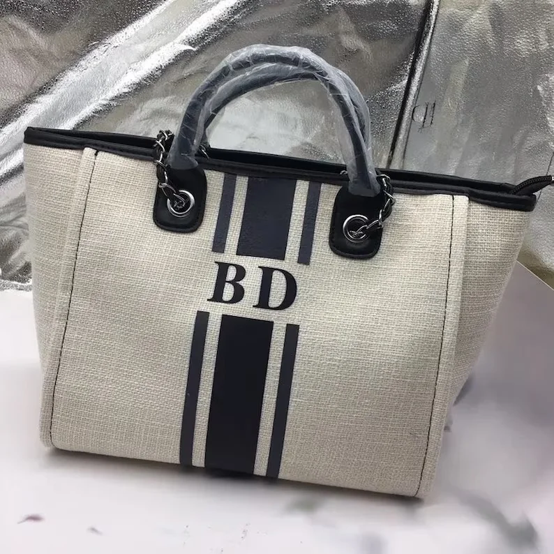 Sac fourre-tout monogramme personnalisé, sac à main personnalisé, bande blanche, initiales, plage, vacances, toile, cadeaux de mariée, JOHandbag