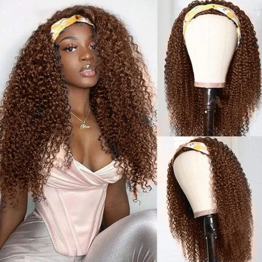 Chestnut Brown Warter Deep Curly Wigs Headband Wigs Chocolate Brown Deep Wave Headband Wigs For Women Full Machine Made Upgrade