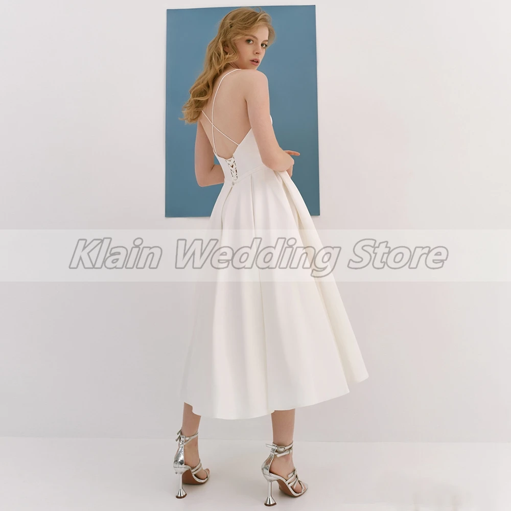 Minimalismo personalizado simples marfim curto sweertheart vestidos de casamento para noivas camisa cintas de espaguete comprimento do chá vestidos de noiva