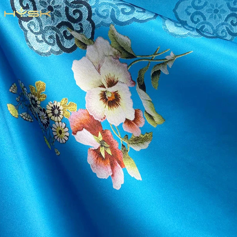 

HYSK 100% real silk satin fabric 19mm genuine unique hand printing floral DIY sewing silk charmeuse by meter for dress E3108