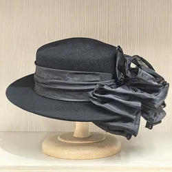 Wide Brim Porkpie Wool Fedora Hat Winter Women Hat Big ribbon Bow Flower Accent Ladies Flat Top Derby Party Wedding Church Hat