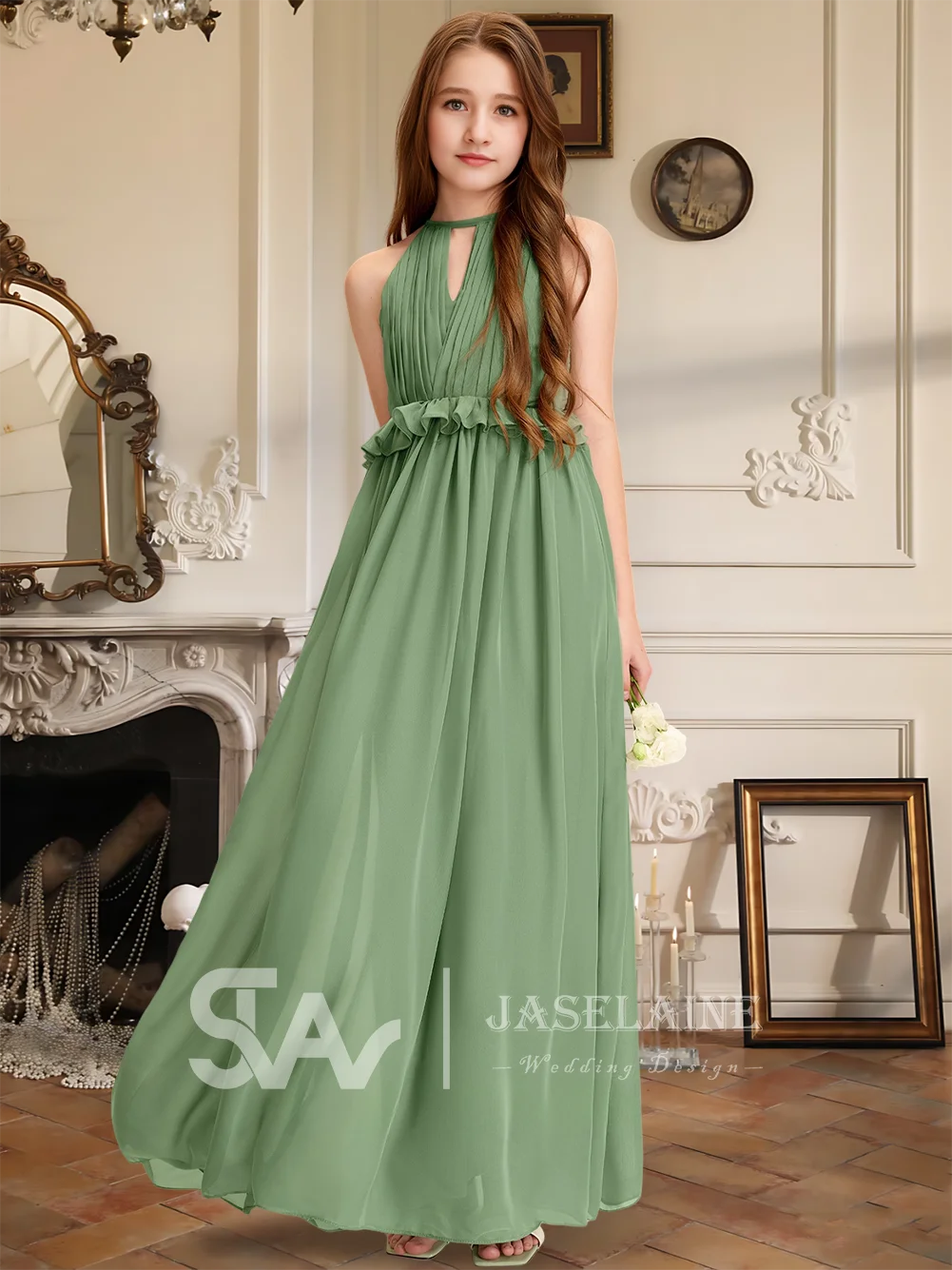 Um elegante azul marinho a linha halter até o chão chiffon júnior vestido de dama de honra vestido da menina de flor meninas festa de casamento formal crianças