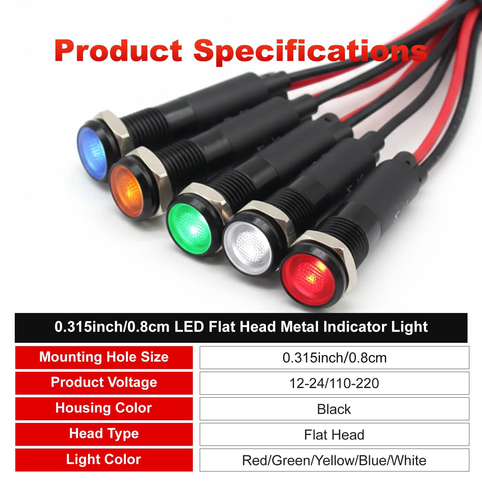 

FILN 2pcs 8mm Black Metal Indicator Light 12V 24V 110V 220V Waterproof Signal Wire LED Pilot Panel Dash Signal Warning Red/Green
