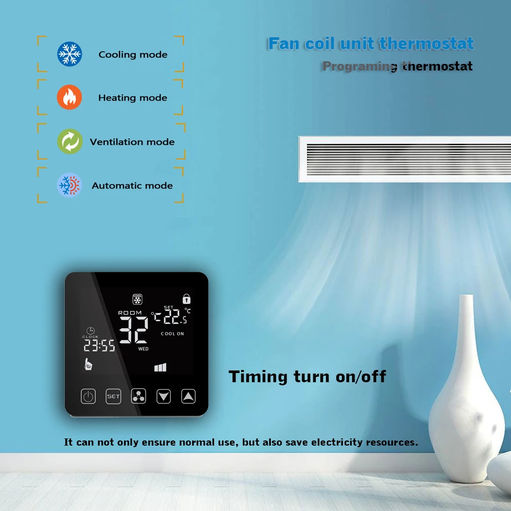 Air conditioning programming thermostat 2 pipes 4 pipes Fan coil thermostat for heating and cooling 95-230VAC