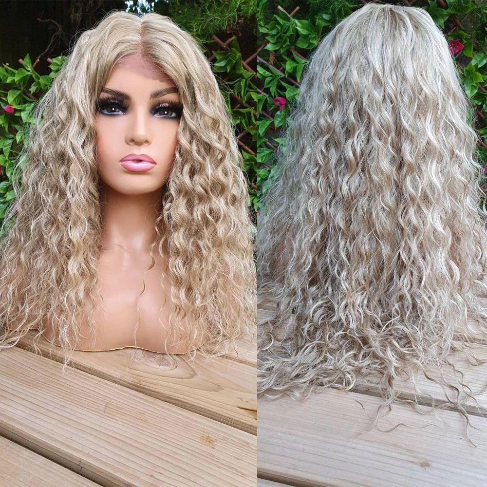 Heat-Resistant Fiber Ashy Blonde Mixed Lace Front Wig Synthetic Long Curly Wig Women Human Hair Wigs Daily Party Wearing Curls