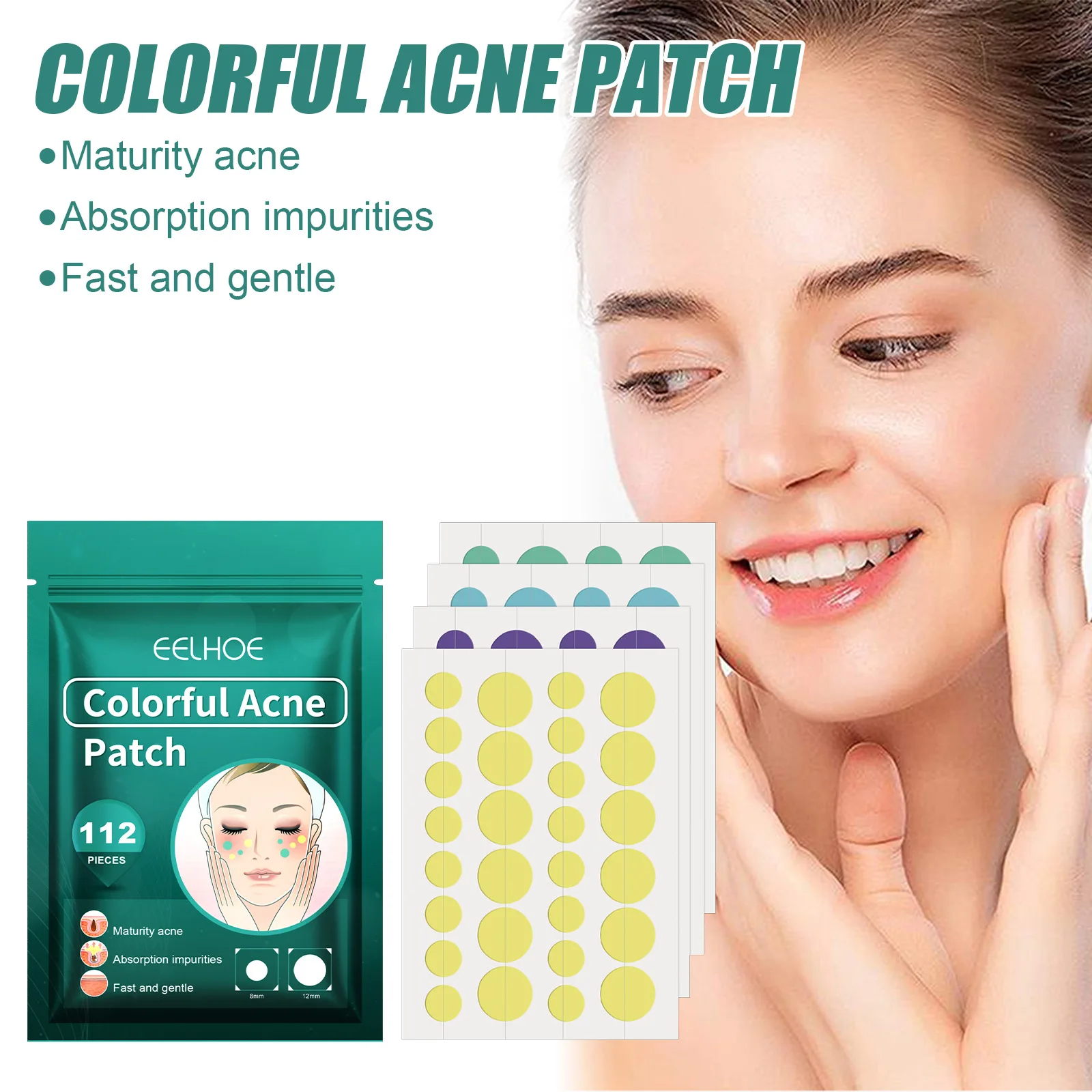 Eelhoe 112 قطعة بقع حب الشباب الملونة على شكل دائري تطهير شوائب الوجه حب الشباب نظيفة المسام غطاء بثرة توازن الجلد حب الشباب التصحيح