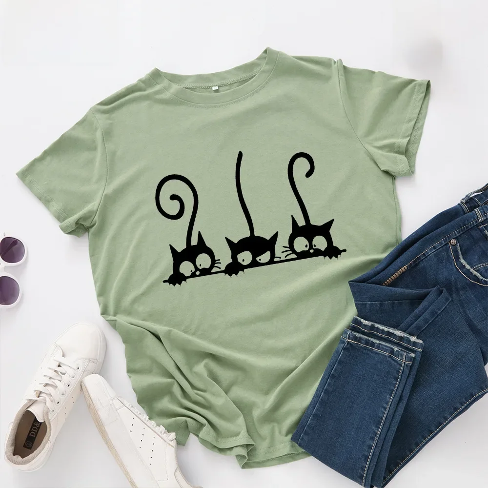 T-shirt manches courtes femme 100% coton, estival et estival, avec chat imprimé