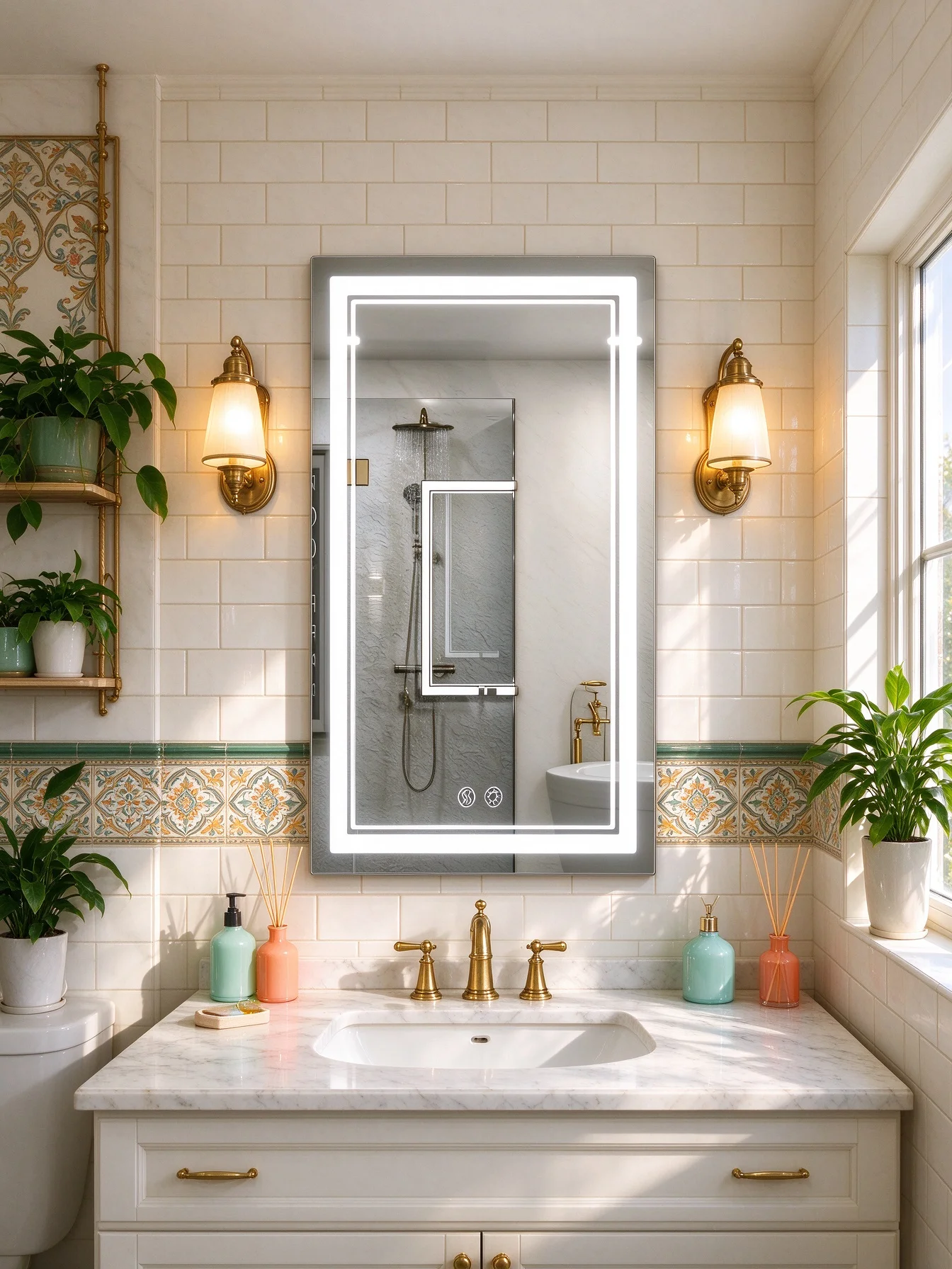 Wall Mounted Rectangular LED Bathroom Mirror Auto Anti Fog Long Press Touch Dimmable Light Smart Lighted Vanity Makeup Mirror For Bathroom Home Decor