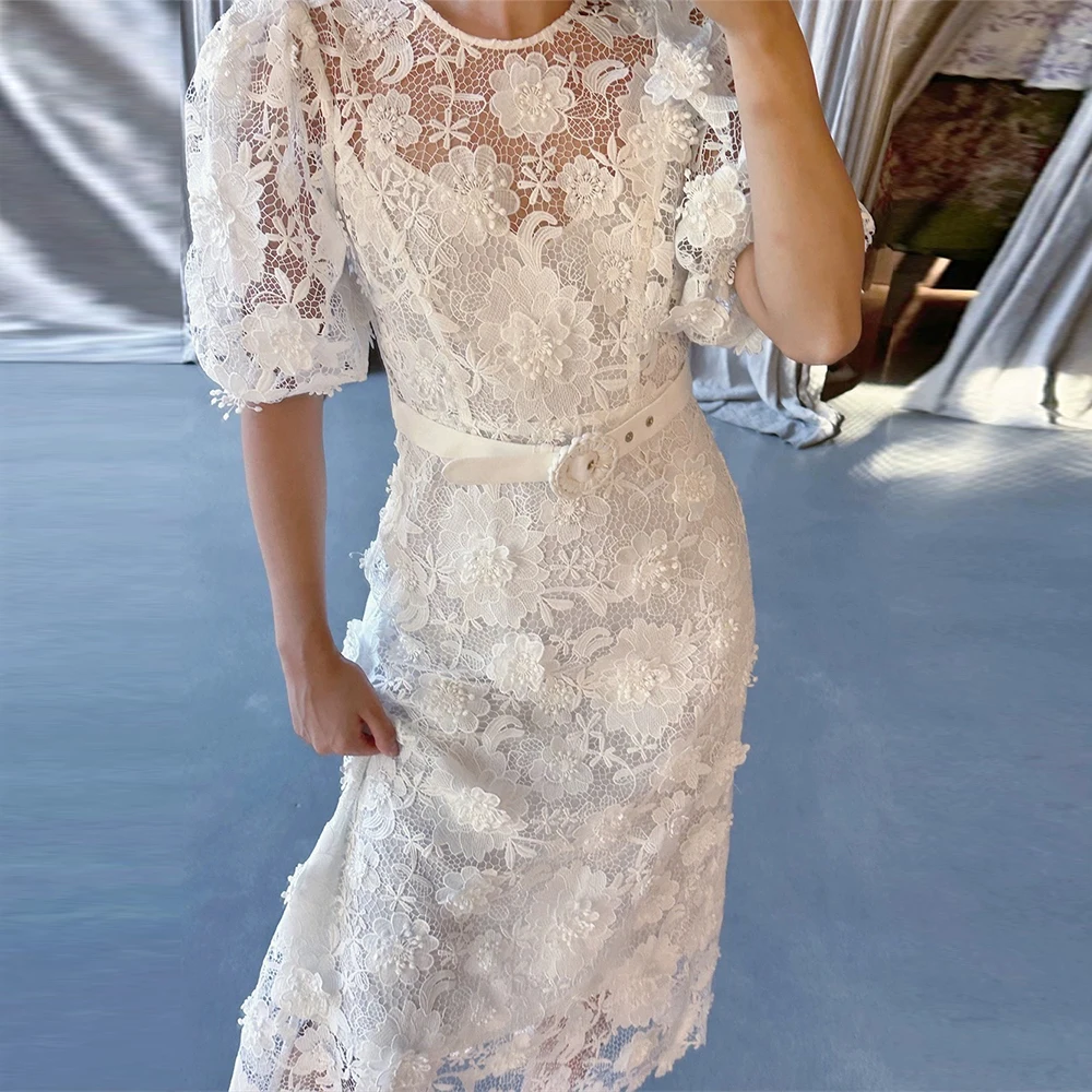 20158# Real Photos Elegant Puffy Sleeves Lace Wedding Dress For Bride Women O-neck Tea Length Engagement Party Gown 2024