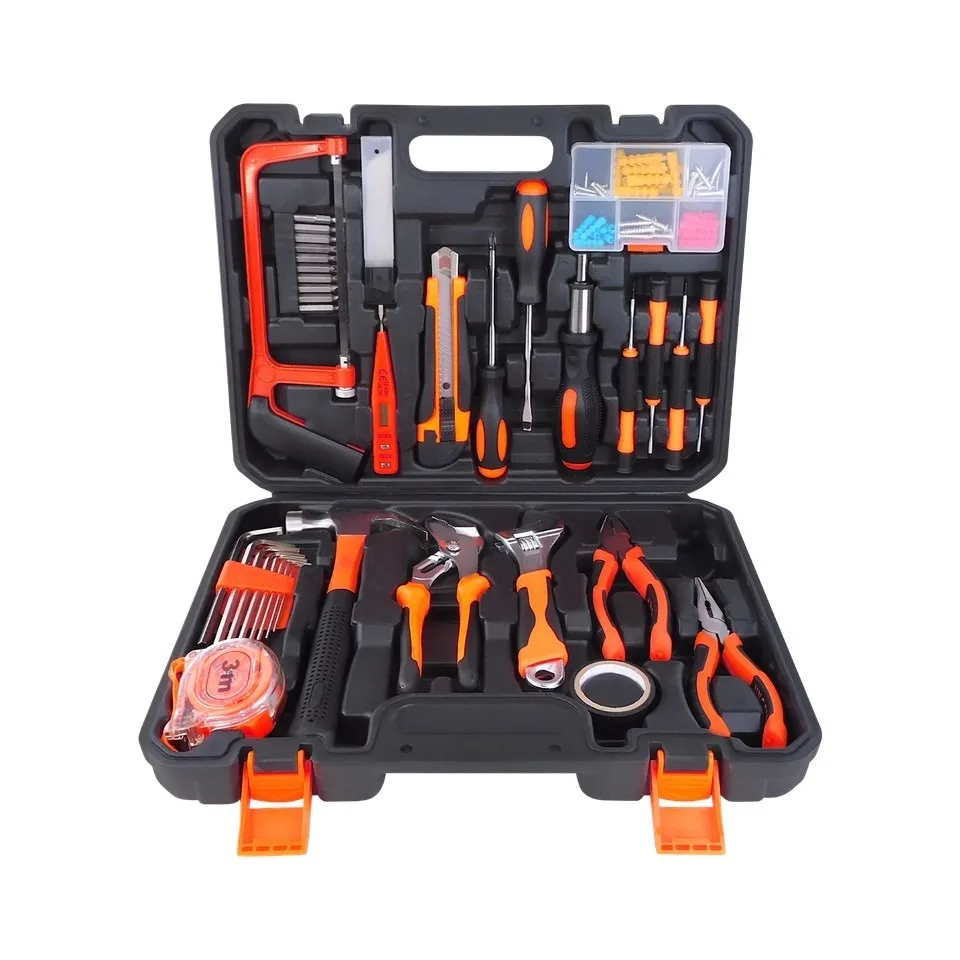 Kit de herramientas multifunción para el hogar - Juego de 43 piezas, incluye martillo/sierra/destornilladores/llave inglesa/comprobador de voltaje, etc., estuche portátil, esencial para reparaciones y montajes en el hogar