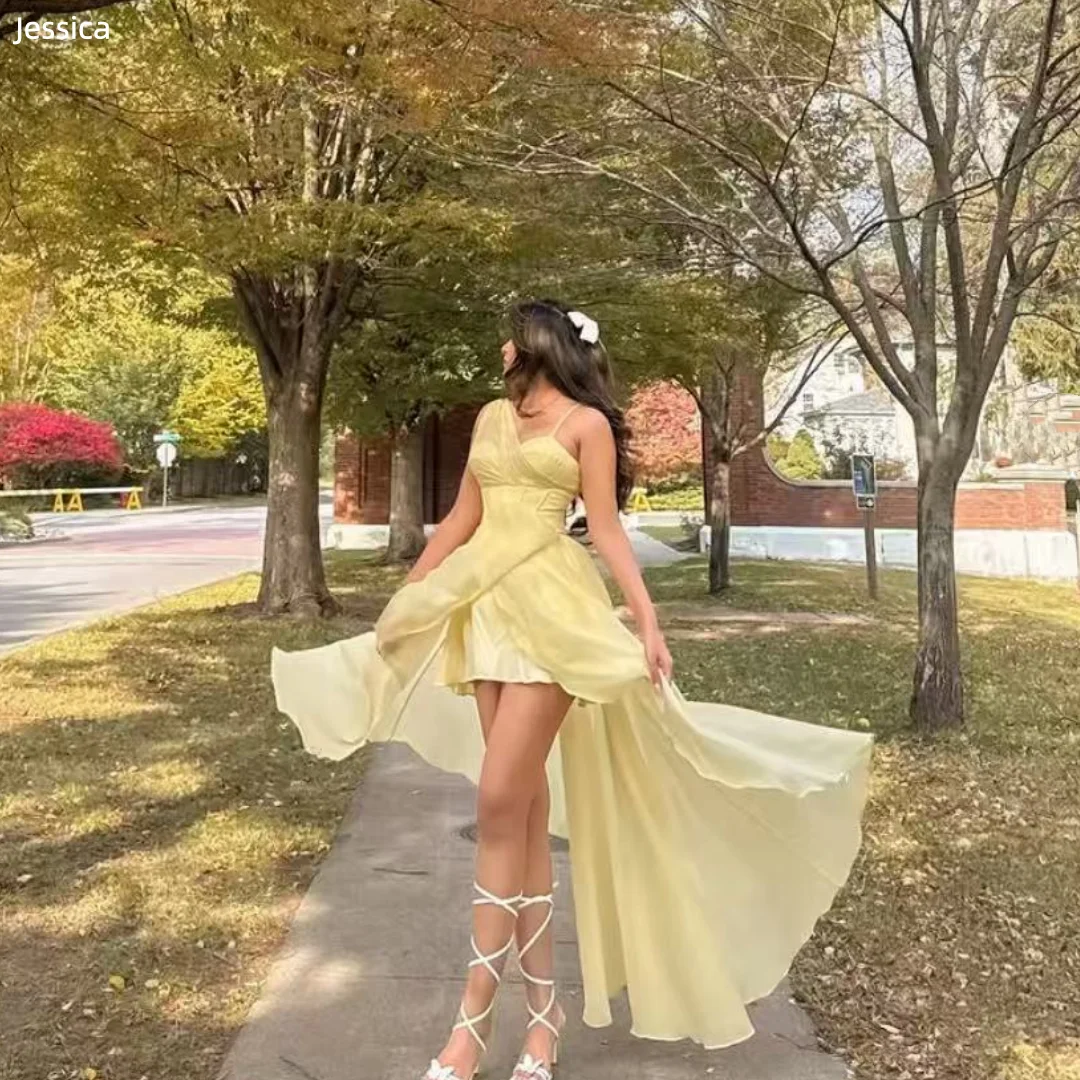 

Jessica Sweetheart Yellow Evening Dresses One-shoulder Chiffon Prom Dresses A-shaped Formal Occasions Party Dresses
