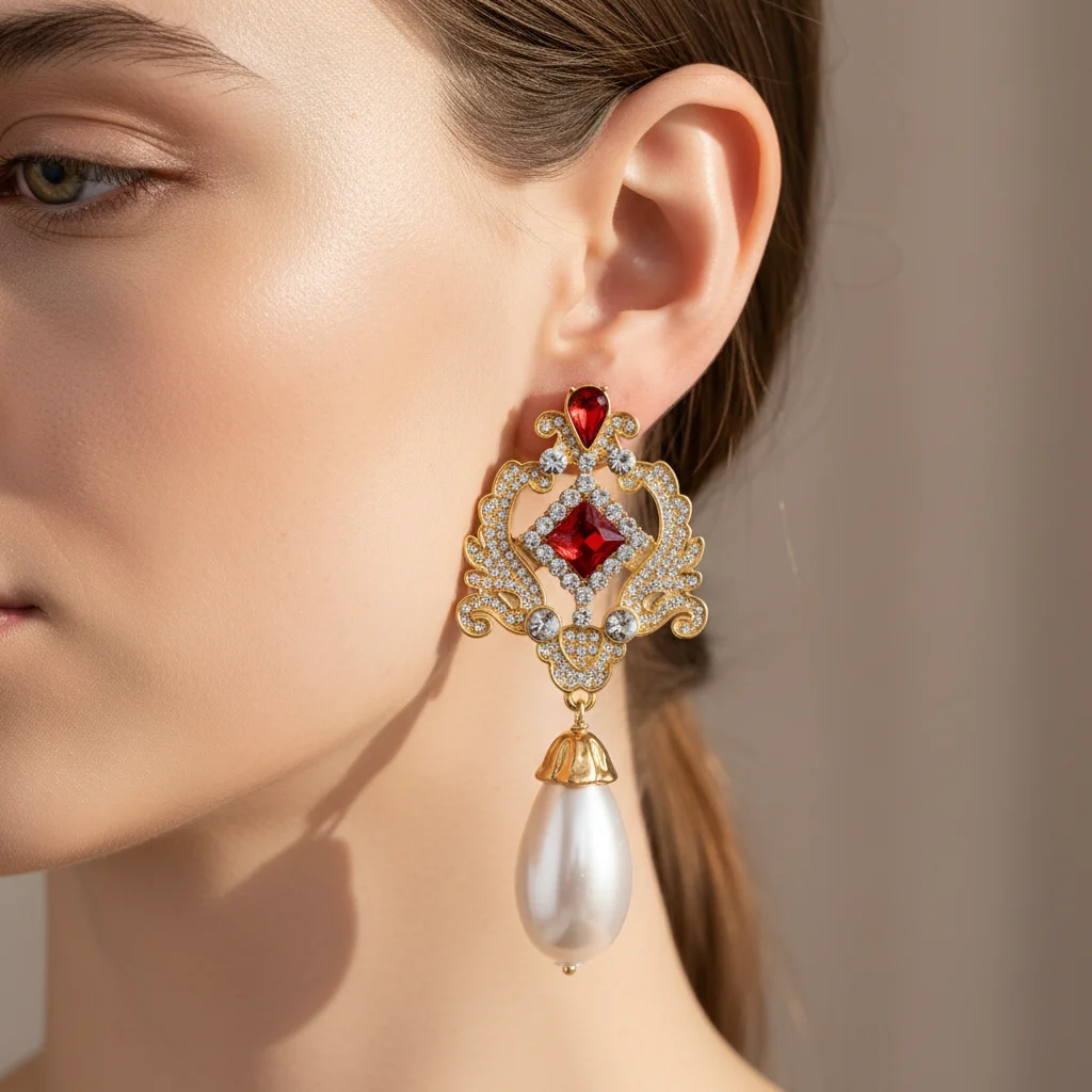 Modische vergoldete Strass-Perlen-Ohrhänger – eleganter langer Tropfen-Schmuck mit rotem/klarem Kristall