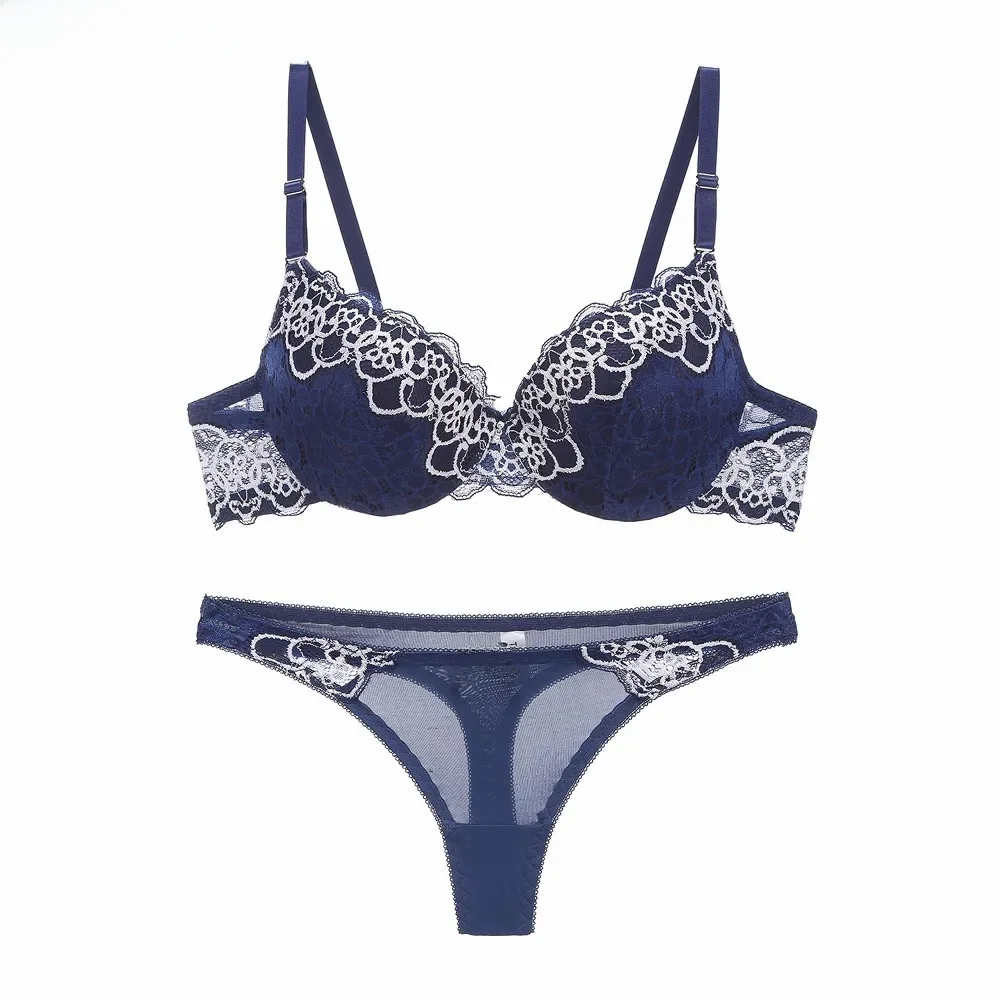 Nowy seksowny biustonosz lady komplet biustonosz push-up koronkowy haft bralette bielizna zestaw majtek Intimates czarny czerwony kobiety zestaw biustonosz i stringi — zdjęcie 2