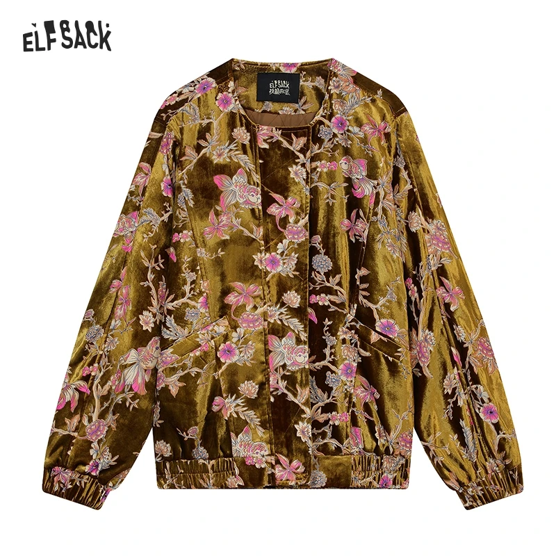 ELFSACK 2025 Frühjahr Neuheiten Retro Elegante Samt Koi Print Kurze Jacke Frauen Neo-Chinesischen Stil Goldfisch Top