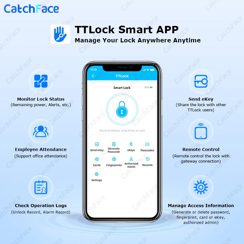 Cactchface TTLock APP Waterproof Fingerprint RFID Card Password Keyless Electronic Smart Door Lock Aluminum/Glass Alexa/Google