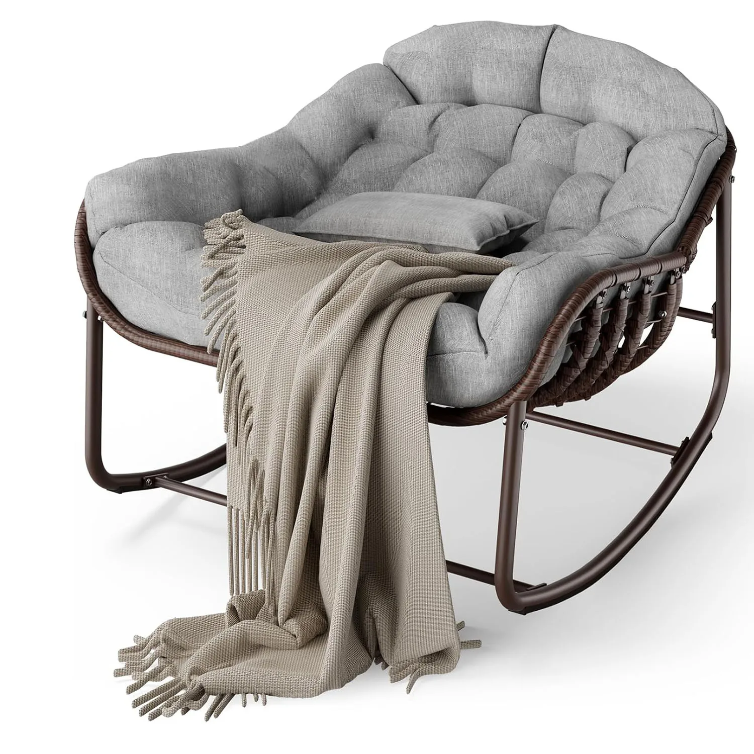 HiMISS Übergroßer Papasan Egg Schaukelstuhl für den Außenbereich, Robuster Rattan-Korbsessel, Dicke 15cm Kissen & Kopfkissen, Komfortabler Metallrahmen-Schaukelstuhl für Garten, Balkon, Veranda
