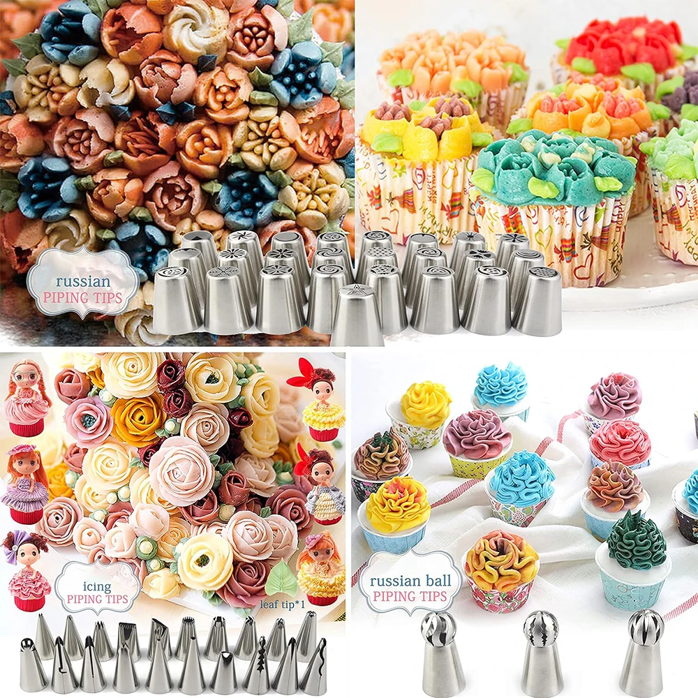 85PCS Marshmallow Flowers Pastry Nozzles Russian Stainless Steel Cake Cream Piping Nozzles Set Pastry Bag Cake Decorating Tools