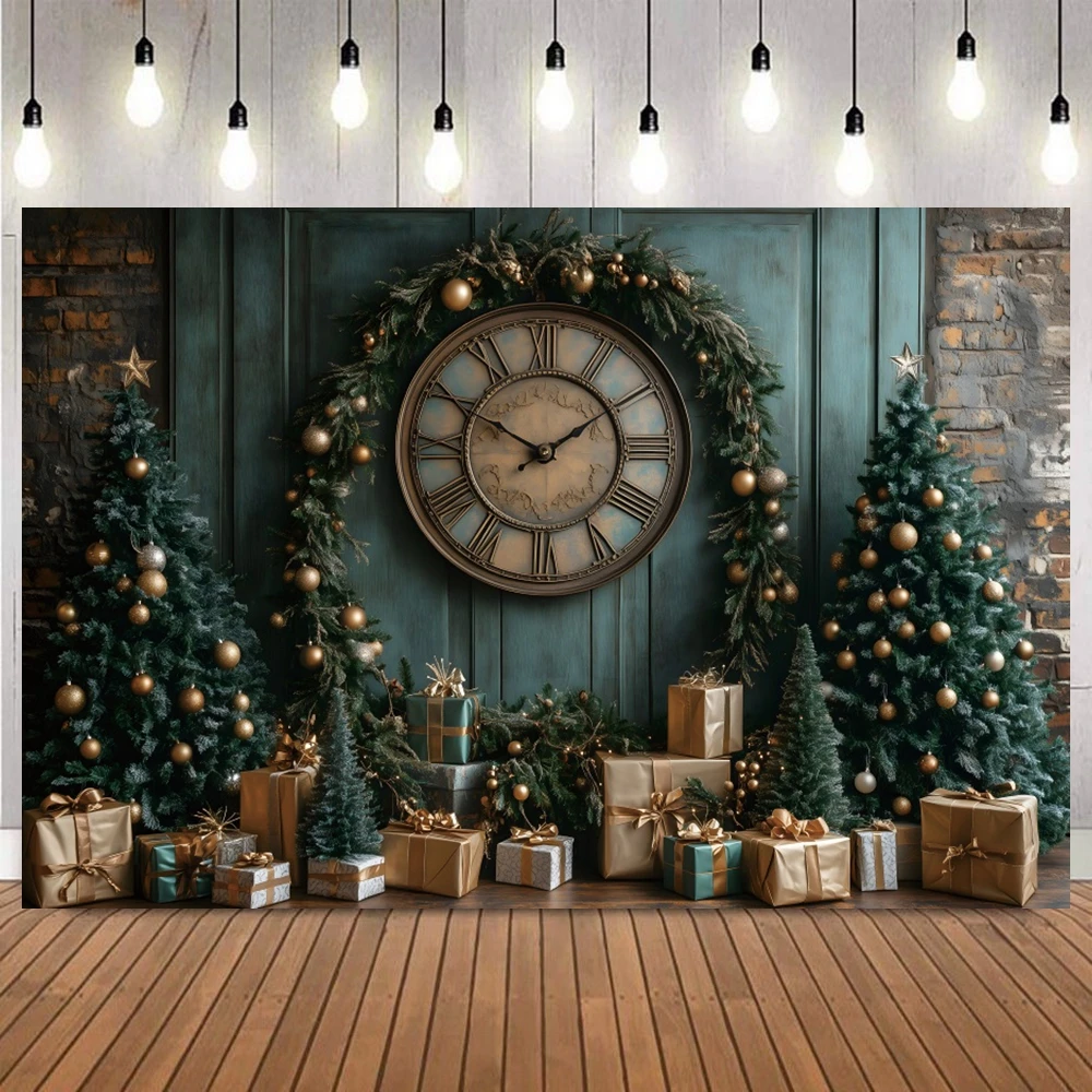 vintage-green-clock-christmas-photography-background-xmas-tree-gift-wreath-decoration-family-party-banner-backdrop-decor