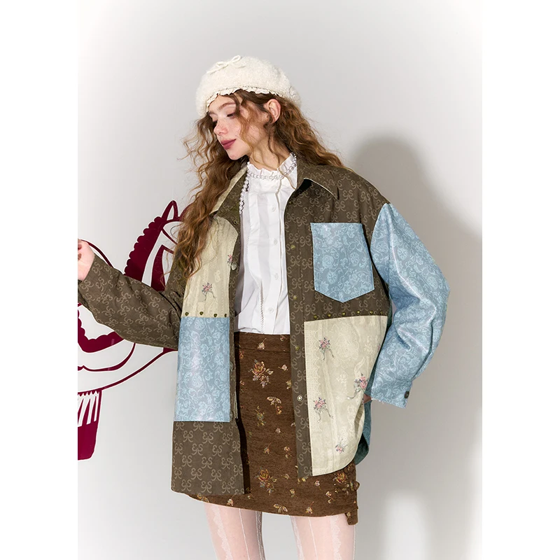 ELFSACK 2026 Vintage Floral Jacquard Jacket Women, PU Leather & Suede Coat, Retro Casual Autumn Winter Top
