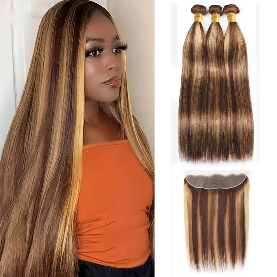 P​4/27 Highlight Human Hair Bundles With Frontal Straight Brazilian Virgin Hair 3 Bundles With 13x4 Frontal Closure Honey Blonde