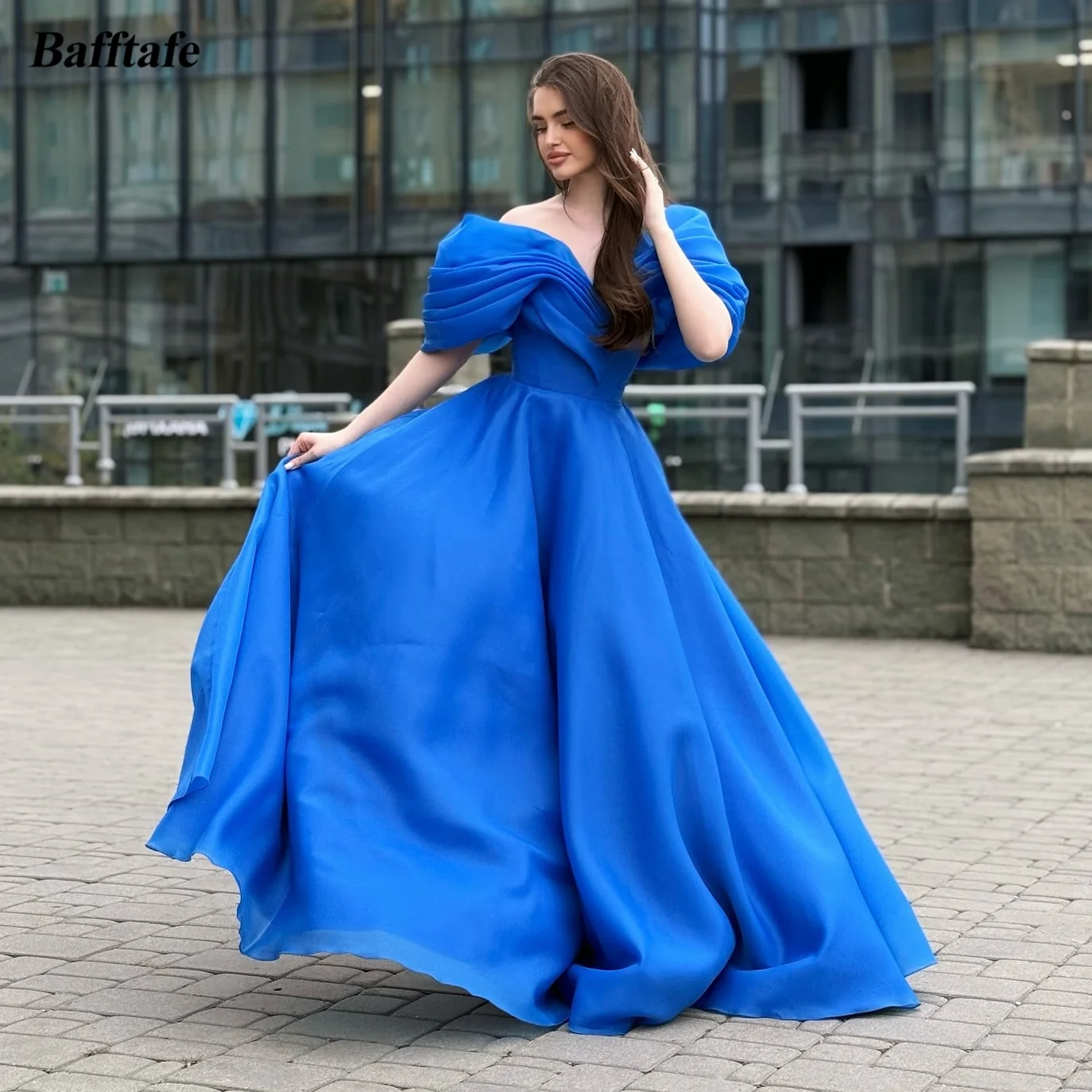 

Bafftafe Blue A Line Organza Customized Prom Dresses Off The Shoulder Pleated Corset Formal Evening Gowns Women Specail Party