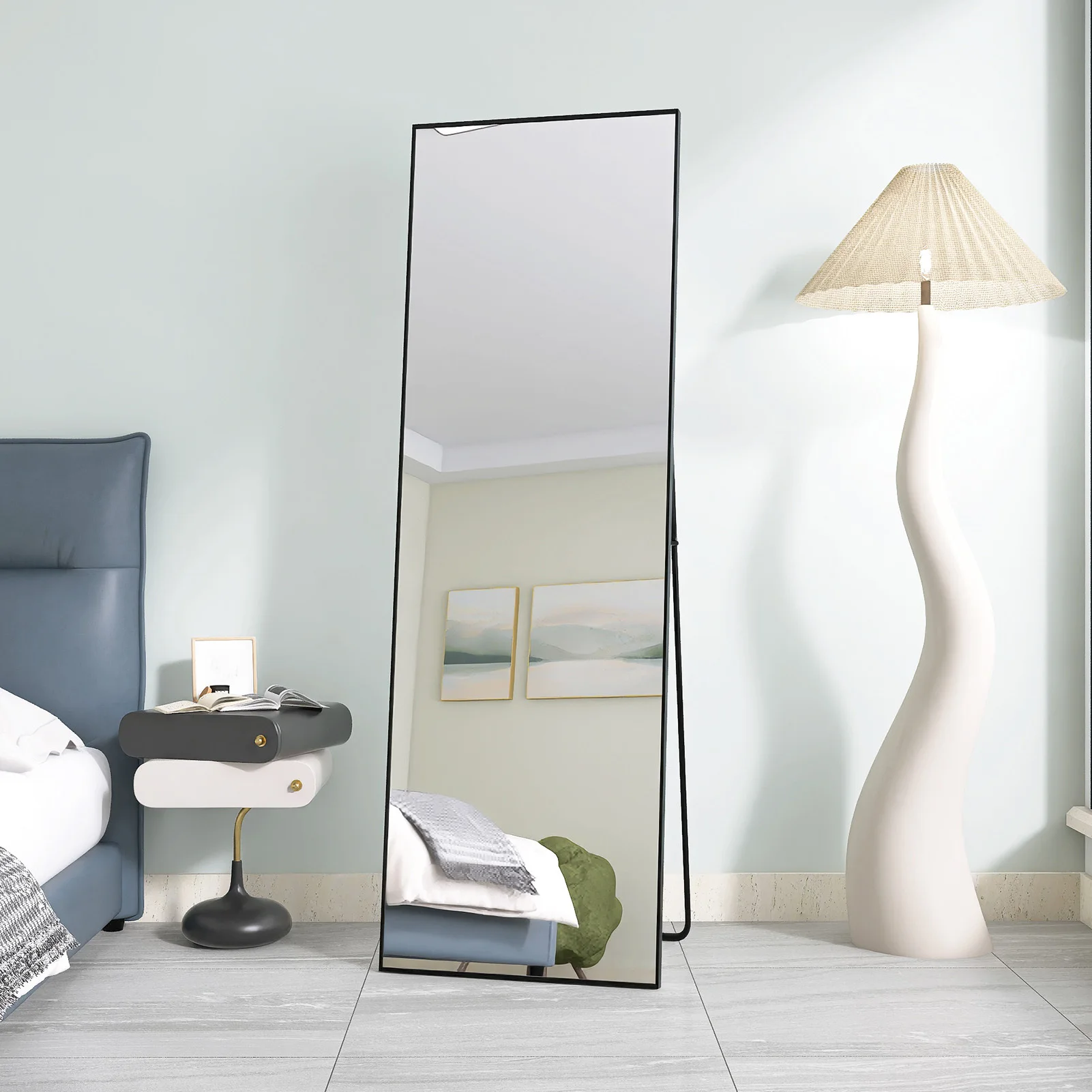Anajqaqia-Espejo de pie de cuerpo completo HD con soporte, marco de Metal negro y vidrio templado, 162x53cm