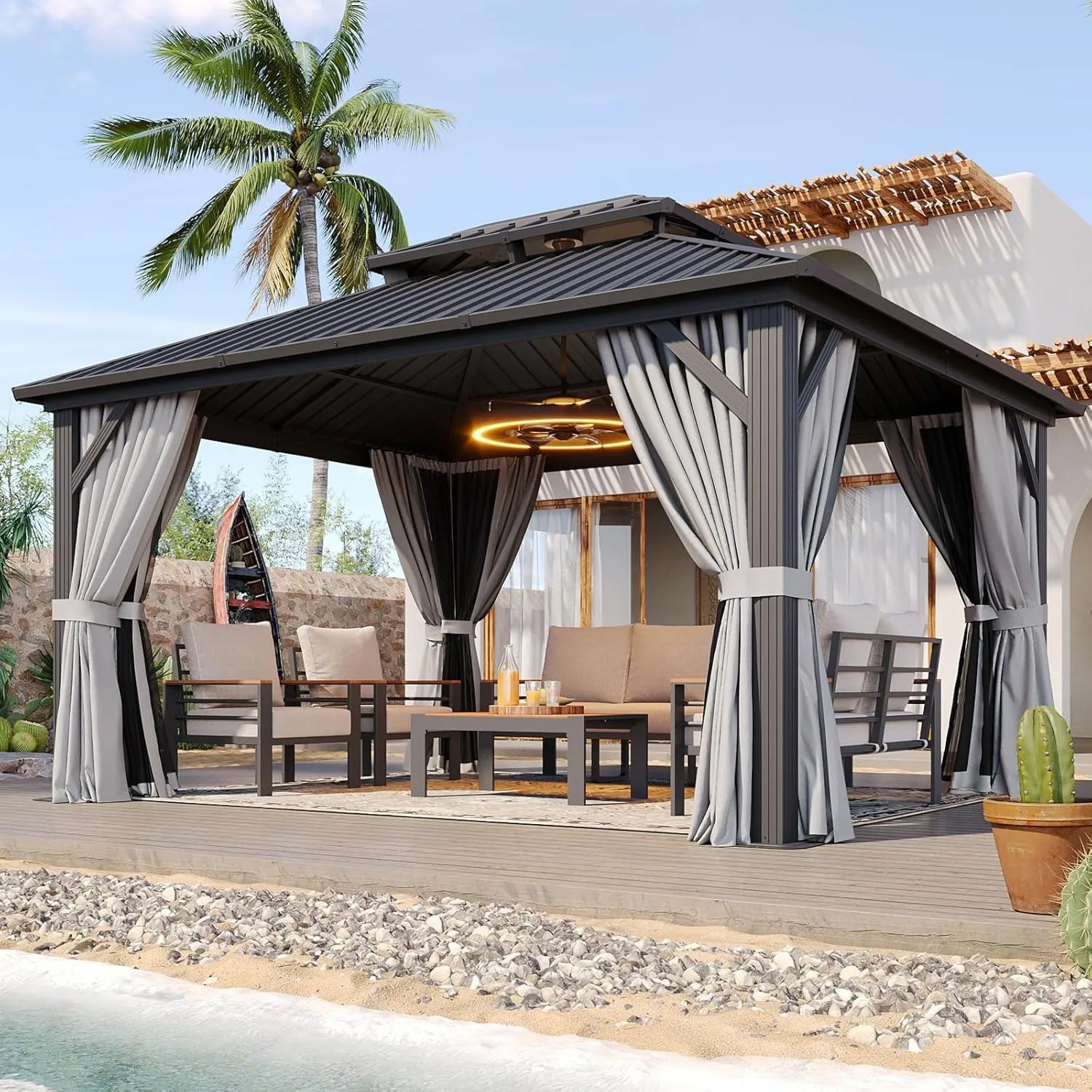Aoxun 12x10ft Hardtop Gazebo Outdoor Pergola Canopy with Netting and Curtains Galvanized Steel Double Roof Metal Backyard Shelter Grey
