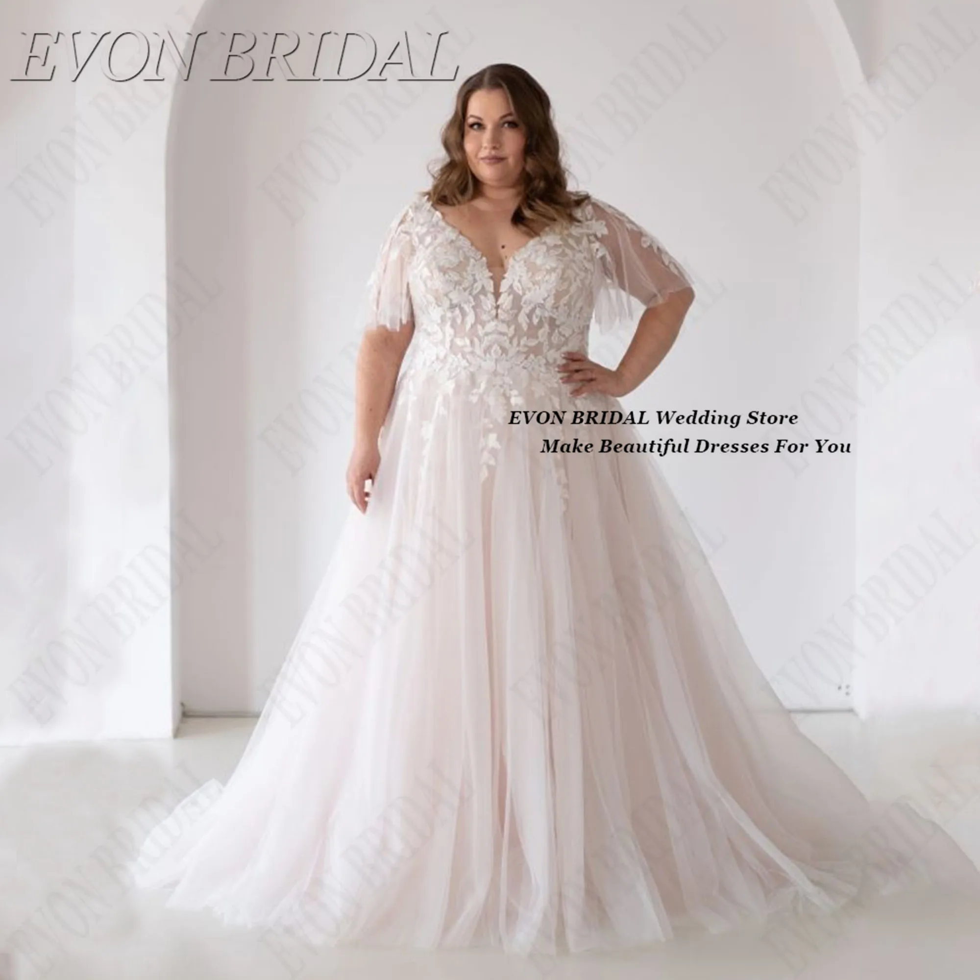 

Customized A Line Plus Size Wedding Dress Lace Appliques Robe De Mariee Batwing Sleeves Sweep Train Bridal Gown EVON BRIDAL