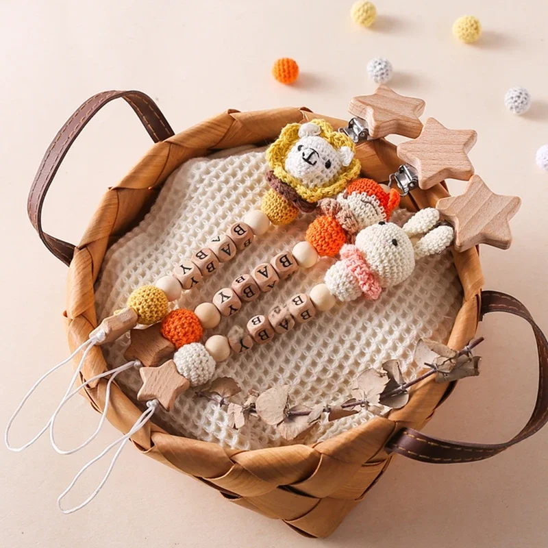 JOBaby-Attache-sucette en bois de hêtre pour bébé, accessoires pour poussette, bricolage, nom, dessin animé, animal, crochet, cadeaux