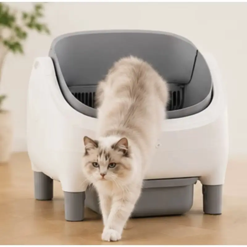 Offene, intelligente Katzentoilette. Reinigt die Katzentoilette automatisch, hat eine große Kapazität, unterstützt WLAN-Verbindung und kann über eine App gesteuert werden.